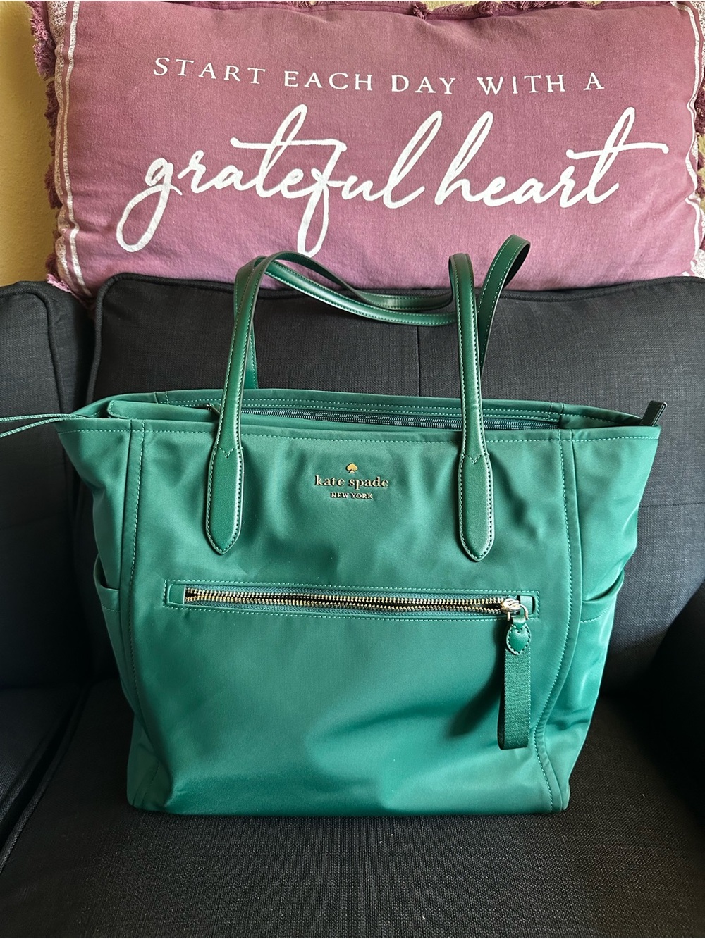 kate spade emerald green nylon tote with front zip pocket